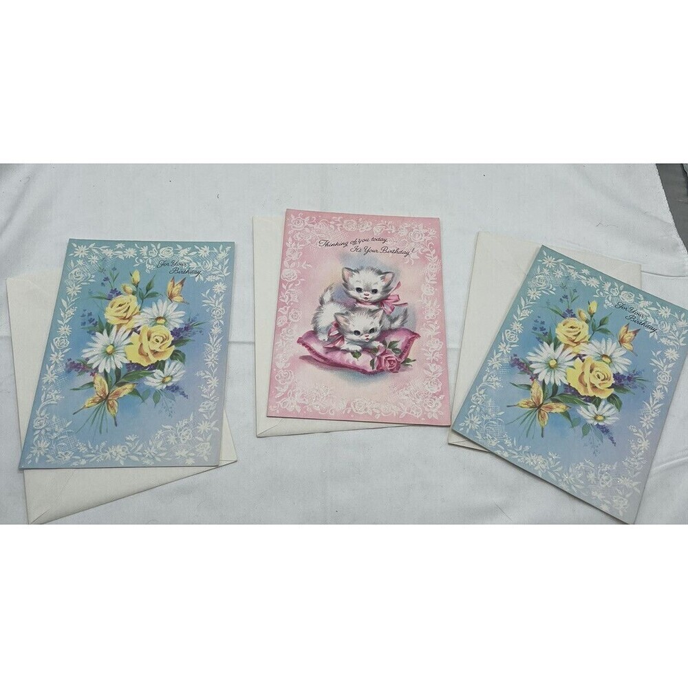 Vintage 3 Quality Crest Happy Birthday kitty Cat Flower Wishes Greeting Cards